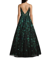 Coya Collection Butterfly Floral Glitter Print Deep V-Neck Spaghetti Strap A-Line Gown
