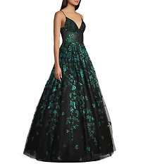 Coya Collection Butterfly Floral Glitter Print Deep V-Neck Spaghetti Strap A-Line Gown