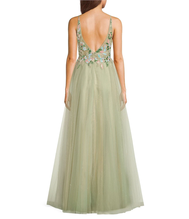 Coya Collection Floral Applique Deep V-Neck Fitted Bodice Gown