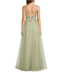 Coya Collection Floral Applique Deep V-Neck Fitted Bodice Gown