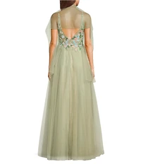Coya Collection Floral Applique Deep V-Neck Fitted Bodice Gown