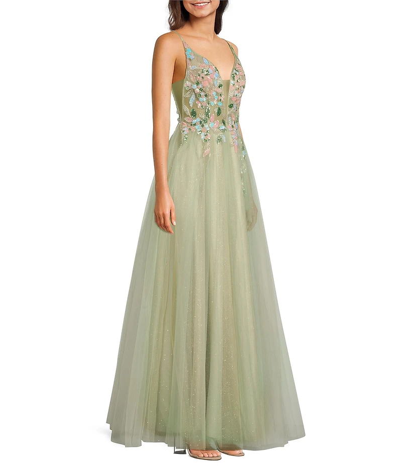 Coya Collection Floral Applique Deep V-Neck Fitted Bodice Gown