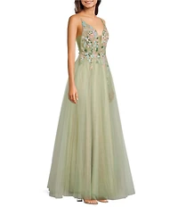 Coya Collection Floral Applique Deep V-Neck Fitted Bodice Gown