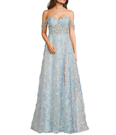 Coya Collection Sequin Floral Embroidered Sweetheart Neck Off-The-Shoulder Corset Fitted Side Slit Gown
