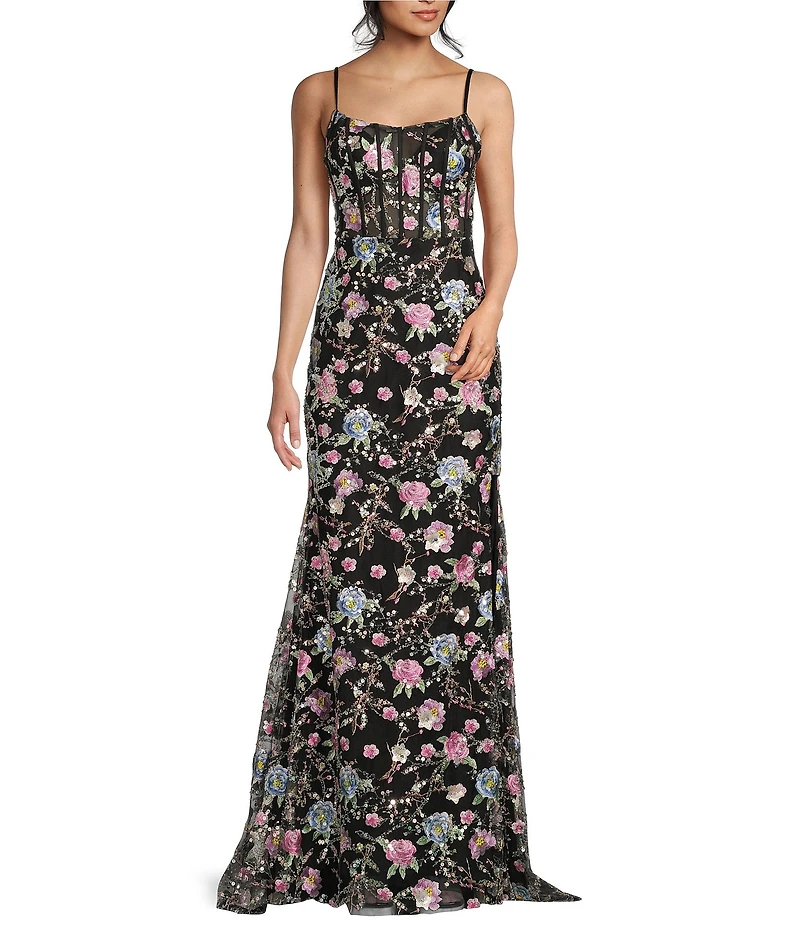 Coya Collection Floral Sequin Embroidered Scoop Neck Spaghetti Strap Sheer Corset Bodice Side Slit Gown