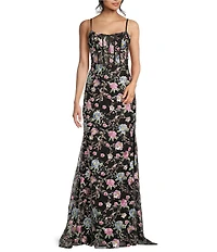 Coya Collection Floral Sequin Embroidered Scoop Neck Spaghetti Strap Sheer Corset Bodice Side Slit Gown