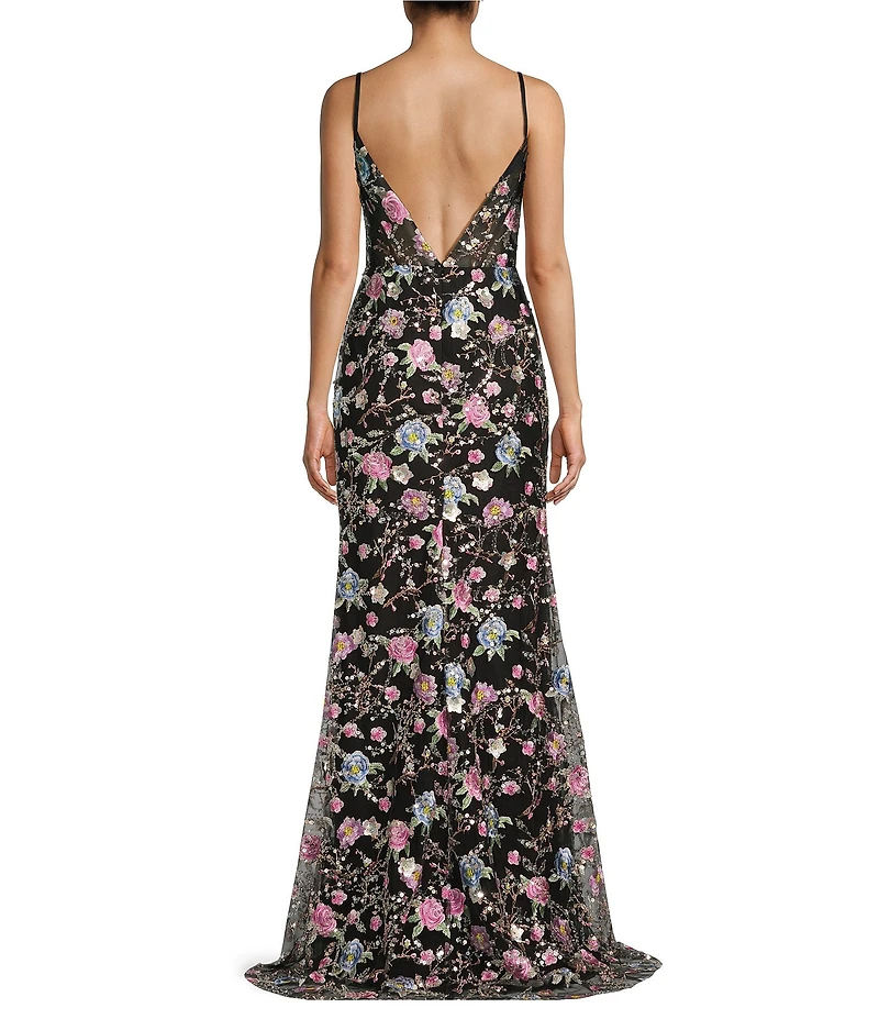 Coya Collection Floral Sequin Embroidered Scoop Neck Spaghetti Strap Sheer Corset Bodice Side Slit Gown