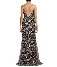 Coya Collection Floral Sequin Embroidered Scoop Neck Spaghetti Strap Sheer Corset Bodice Side Slit Gown