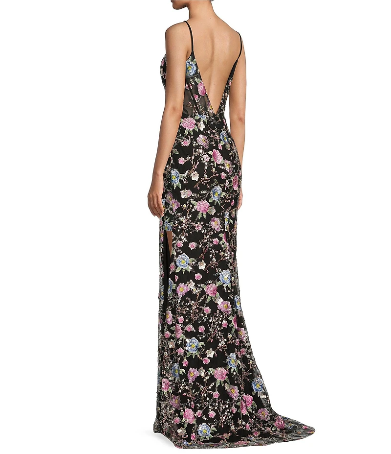 Coya Collection Floral Sequin Embroidered Scoop Neck Spaghetti Strap Sheer Corset Bodice Side Slit Gown