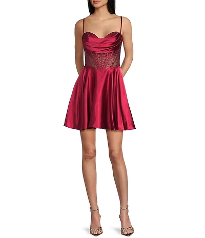 Coya Collection Satin Beaded Illusion Corseted Bodice A-Line Dress
