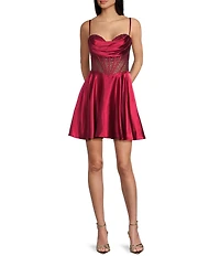 Coya Collection Satin Beaded Illusion Corseted Bodice A-Line Dress
