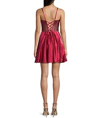 Coya Collection Satin Beaded Illusion Corseted Bodice A-Line Dress