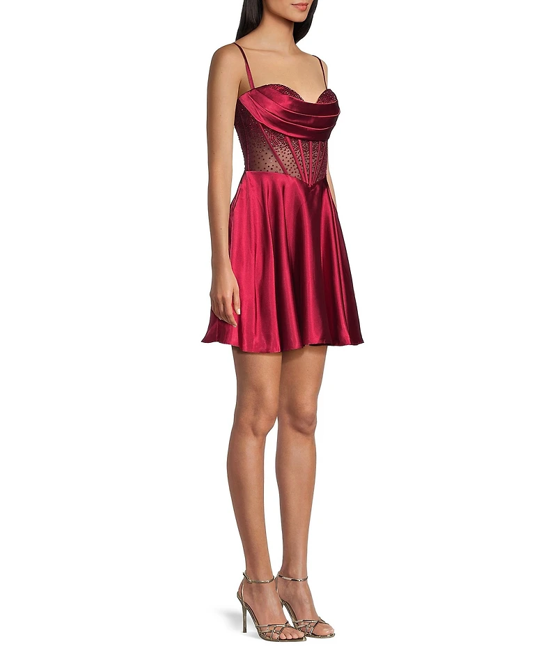 Coya Collection Satin Beaded Illusion Corseted Bodice A-Line Dress