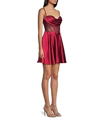 Coya Collection Satin Beaded Illusion Corseted Bodice A-Line Dress