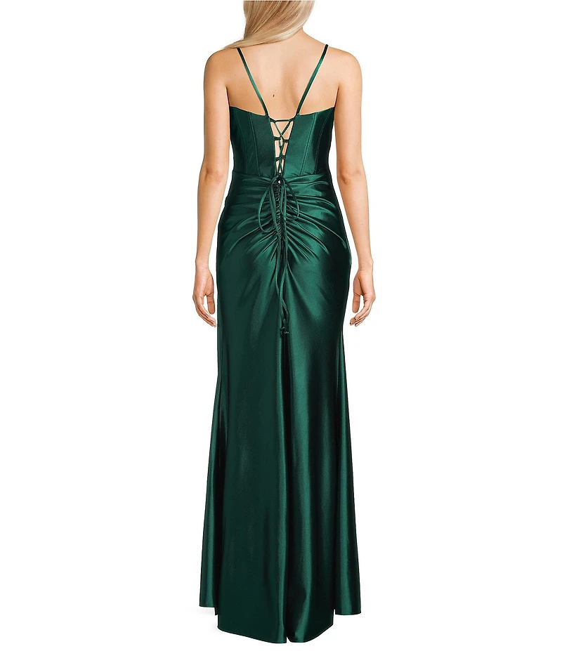 Coya Collection Satin Ruched Bodice Side Slit Lace Up Back Long Dress