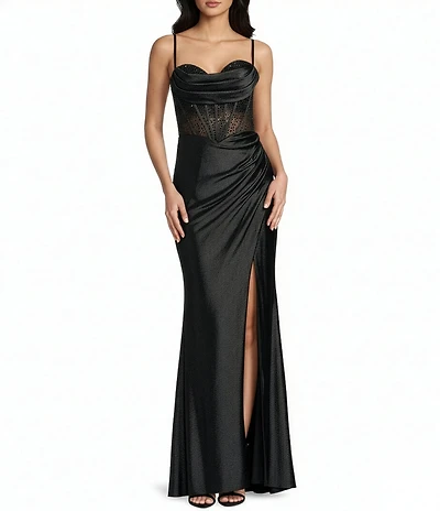 Coya Collection Satin Sheer Beaded Corseted Bodice Fitted Side Slit Lace Up Back Long Dress