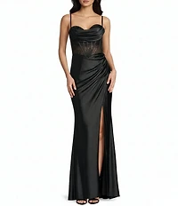 Coya Collection Satin Sheer Beaded Corseted Bodice Fitted Side Slit Lace Up Back Long Dress