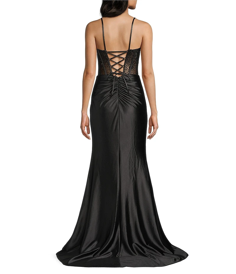 Coya Collection Satin Sheer Beaded Corseted Bodice Fitted Side Slit Lace Up Back Long Dress