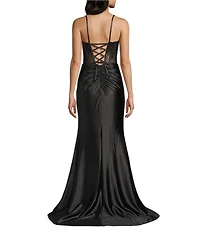 Coya Collection Satin Sheer Beaded Corseted Bodice Fitted Side Slit Lace Up Back Long Dress