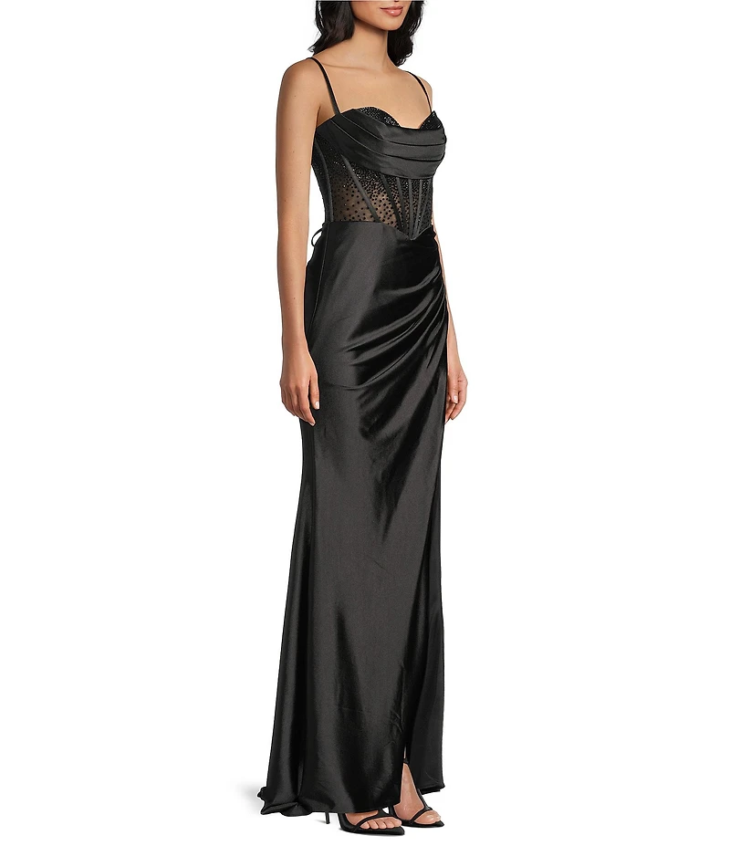 Coya Collection Satin Sheer Beaded Corseted Bodice Fitted Side Slit Lace Up Back Long Dress