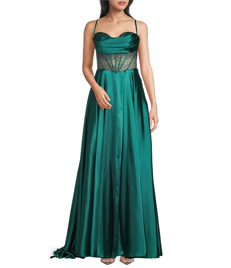 Coya Collection Satin Sweetheart Neck Beaded Stone Illusion Corset Bodice Front Slit A-Line Dress