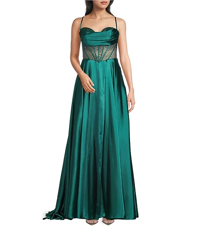 Coya Collection Satin Sweetheart Neck Beaded Stone Illusion Corset Bodice Front Slit A-Line Dress