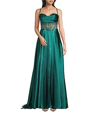 Coya Collection Satin Sweetheart Neck Beaded Stone Illusion Corset Bodice Front Slit A-Line Dress
