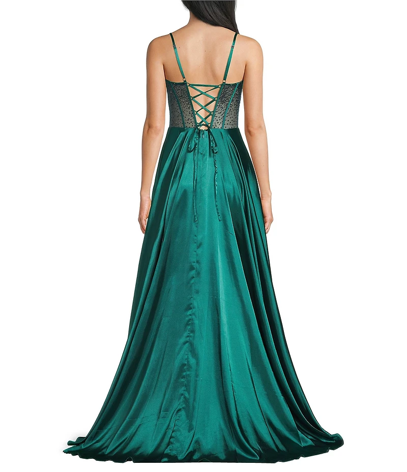 Coya Collection Satin Sweetheart Neck Beaded Stone Illusion Corset Bodice Front Slit A-Line Dress