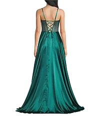 Coya Collection Satin Sweetheart Neck Beaded Stone Illusion Corset Bodice Front Slit A-Line Dress