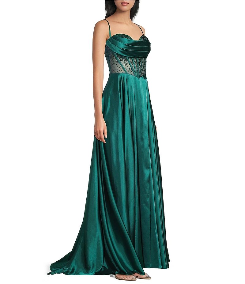 Coya Collection Satin Sweetheart Neck Beaded Stone Illusion Corset Bodice Front Slit A-Line Dress