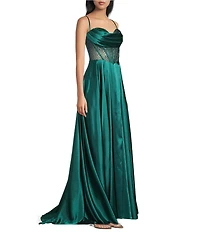 Coya Collection Satin Sweetheart Neck Beaded Stone Illusion Corset Bodice Front Slit A-Line Dress