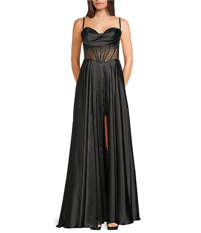 Coya Collection Satin Sweetheart Neck Beaded Stone Illusion Corset Bodice Front Slit A-Line Dress