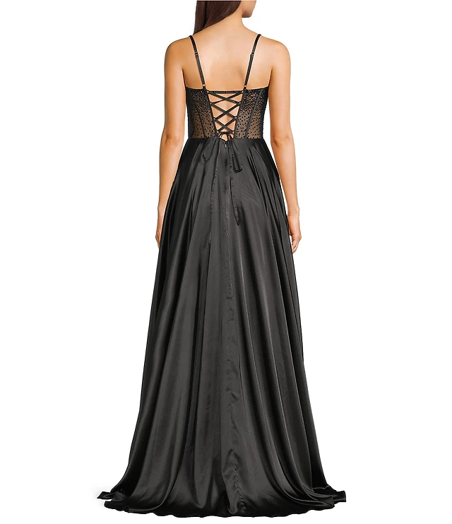 Coya Collection Satin Sweetheart Neck Beaded Stone Illusion Corset Bodice  Front Slit A-Line Dress at CoolSprings Galleria in Franklin, TN