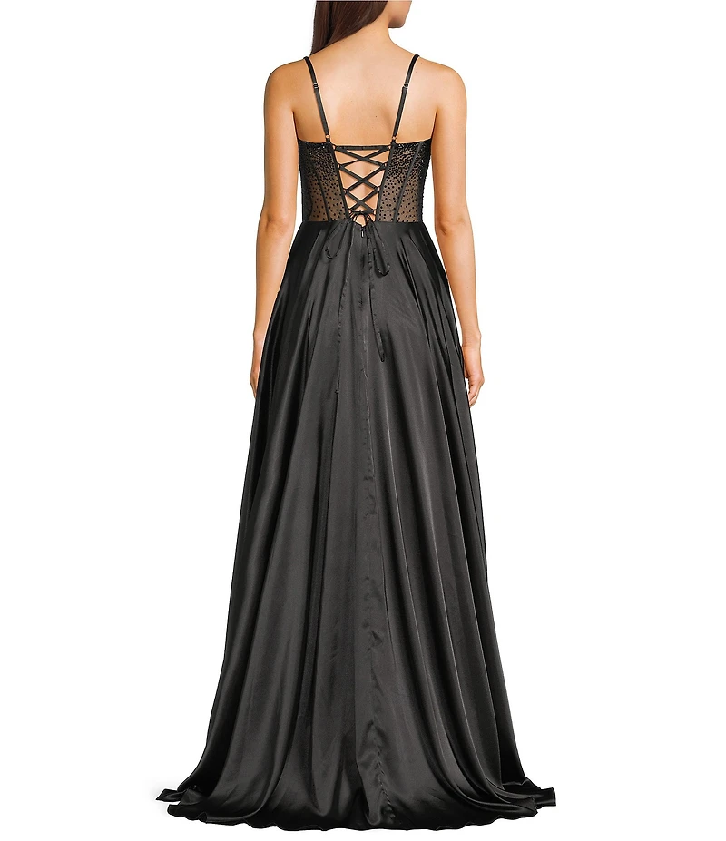 Coya Collection Satin Sweetheart Neck Beaded Stone Illusion Corset Bodice Front Slit A-Line Dress
