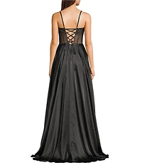 Coya Collection Satin Sweetheart Neck Beaded Stone Illusion Corset Bodice Front Slit A-Line Dress