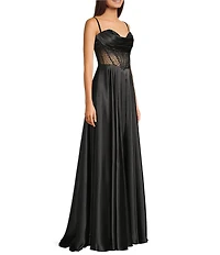 Coya Collection Satin Sweetheart Neck Beaded Stone Illusion Corset Bodice Front Slit A-Line Dress