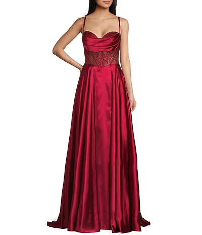 Coya Collection Satin Sweetheart Neck Beaded Stone Illusion Corset Bodice Front Slit A-Line Dress