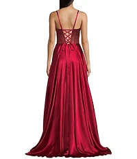 Coya Collection Satin Sweetheart Neck Beaded Stone Illusion Corset Bodice Front Slit A-Line Dress