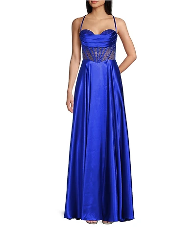 Coya Collection Satin Sweetheart Neck Beaded Stone Illusion Corset Bodice Front Slit A-Line Dress