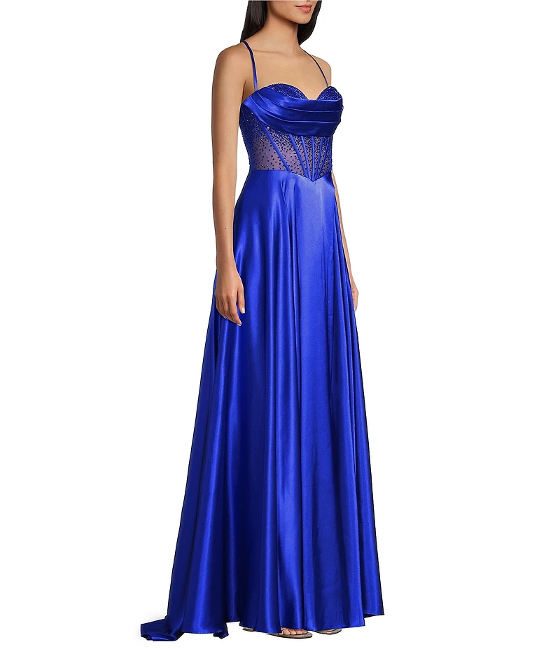 Coya Collection Satin Sweetheart Neck Beaded Stone Illusion Corset Bodice Front Slit A-Line Dress