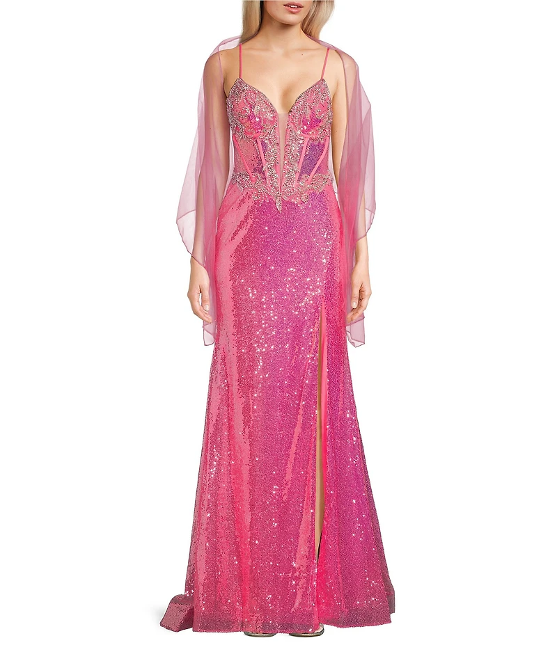 Coya Collection Sequin Beaded Applique V-Neck Spaghetti Strap Fitted Corset Bodice Open Back Side Slit Gown