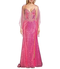 Coya Collection Sequin Beaded Applique V-Neck Spaghetti Strap Fitted Corset Bodice Open Back Side Slit Gown