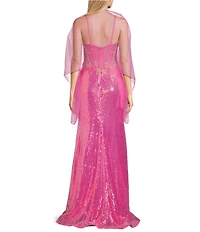 Coya Collection Sequin Beaded Applique V-Neck Spaghetti Strap Fitted Corset Bodice Open Back Side Slit Gown