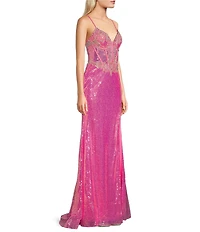 Coya Collection Sequin Beaded Applique V-Neck Spaghetti Strap Fitted Corset Bodice Open Back Side Slit Gown