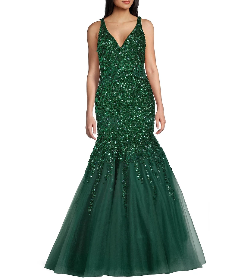 Coya Collection Sequin Beaded V-Neck Tulle Mermaid Gown