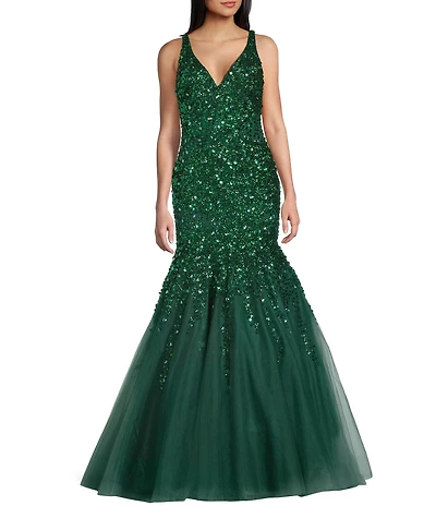 Coya Collection Sequin Beaded V-Neck Tulle Mermaid Gown