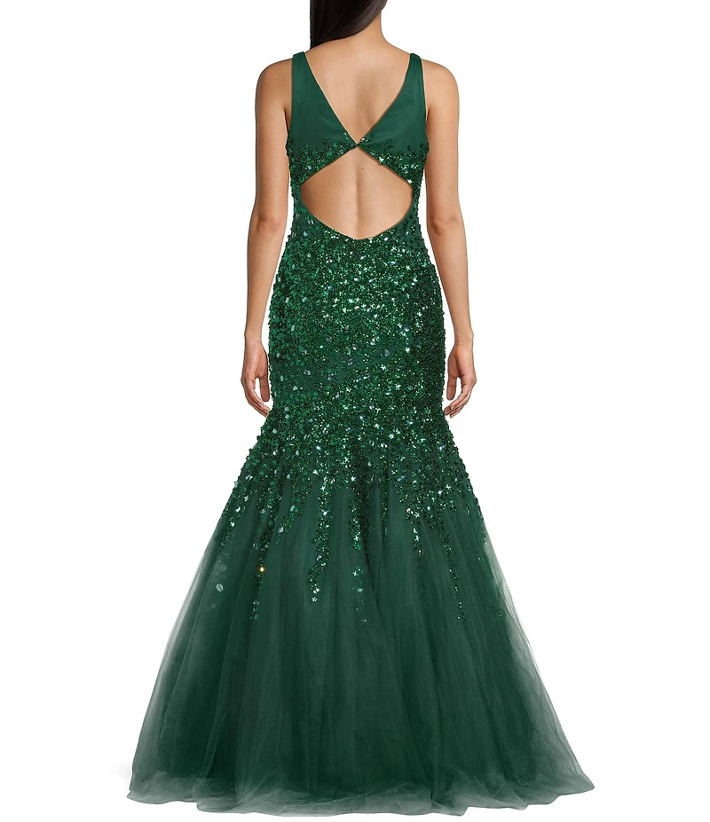 Coya Collection Sequin Beaded V-Neck Tulle Mermaid Gown