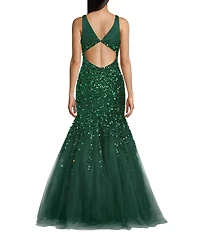 Coya Collection Sequin Beaded V-Neck Tulle Mermaid Gown