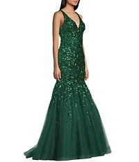 Coya Collection Sequin Beaded V-Neck Tulle Mermaid Gown