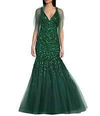 Coya Collection Sequin Beaded V-Neck Tulle Mermaid Gown